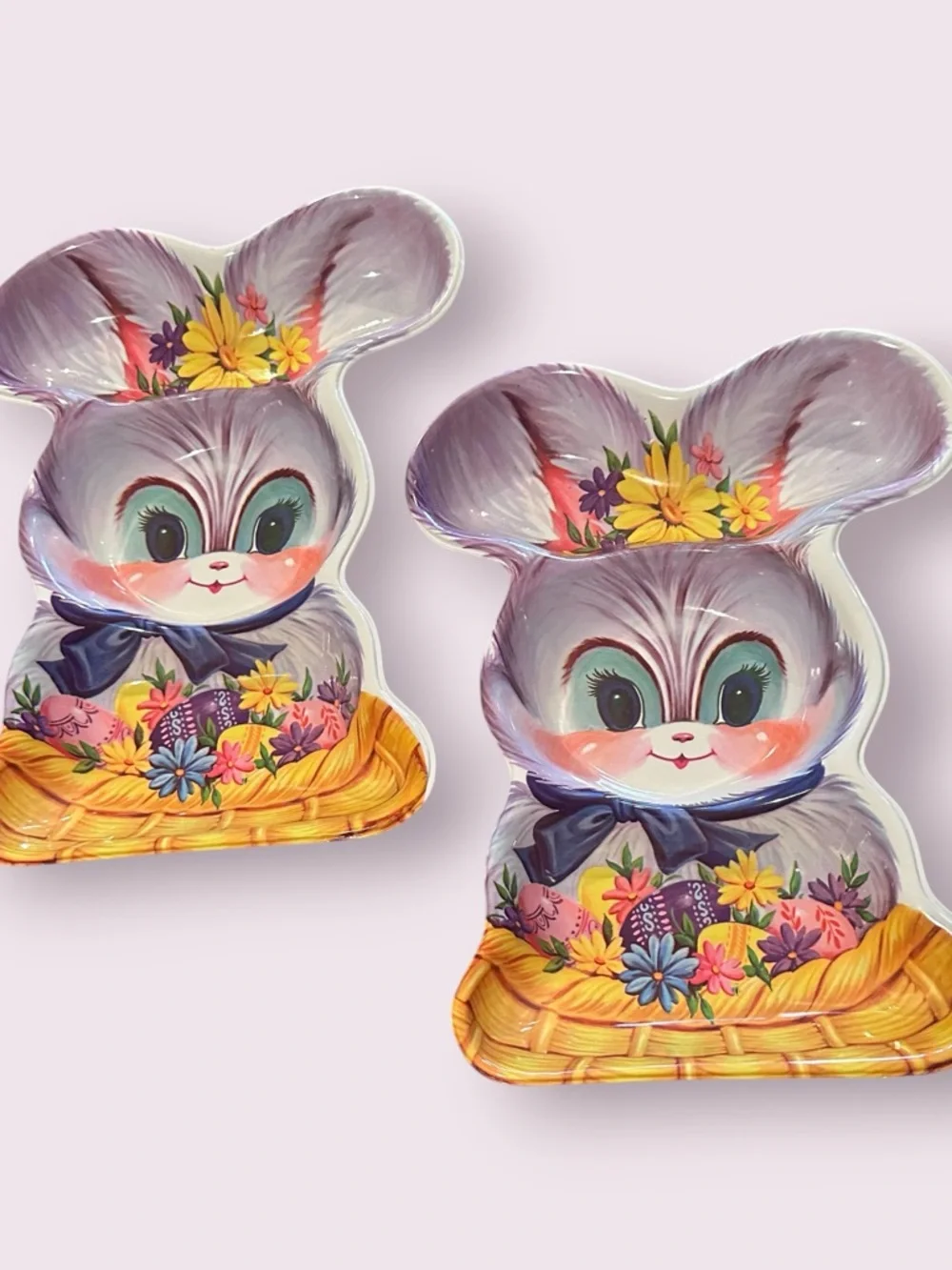 Vintage Plastic Bunny-Shaped Serving Dishes with Floral Basket Motif Easter